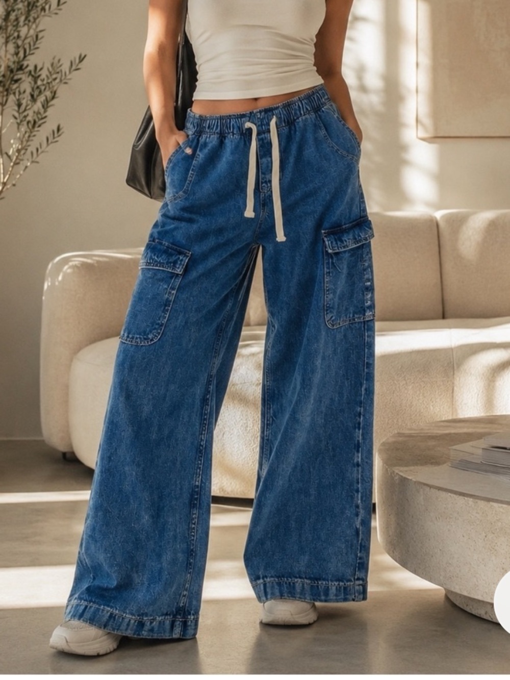 Gap High Rise Wide Leg Denim Cargo Pants Girls Medium Blue (hemmed to Petite)